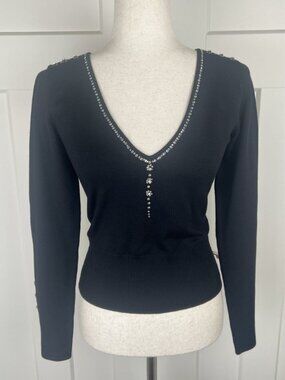 Vintage Cache Silk Blend Sweater S Black Rhinestone Embellished Stretch Knit